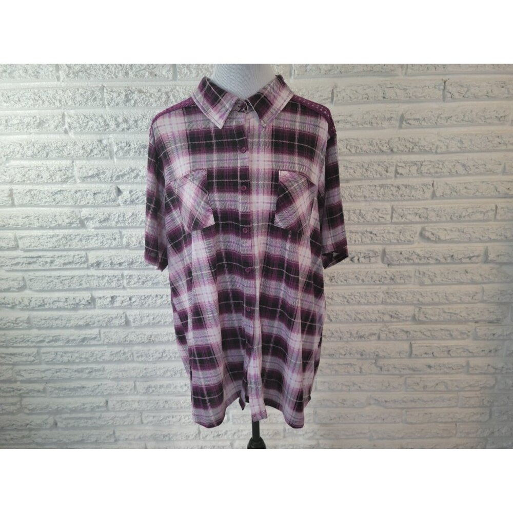 Avenue Womens Shirt 26 28 Plus Collar Button Up Purple Plaid PLA70E